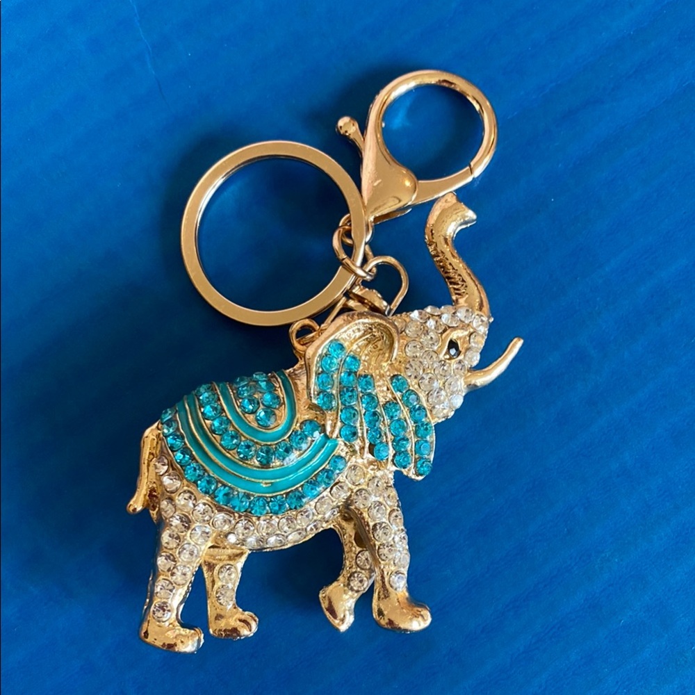 Gold and Turquoise Elephant (Trunk up) Keychain